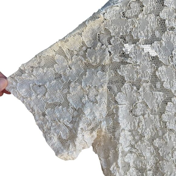 Vintage Y2K Womens Babydoll Ivory Stretch Lace Short Sleeve Semi Sheer Crop Top - Picture 3 of 7